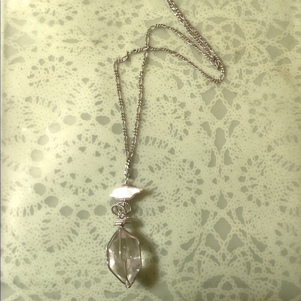 Brilliant Large Herkimer Diamond,Rare Shaped Fresh Water Pearl Sterling Necklace